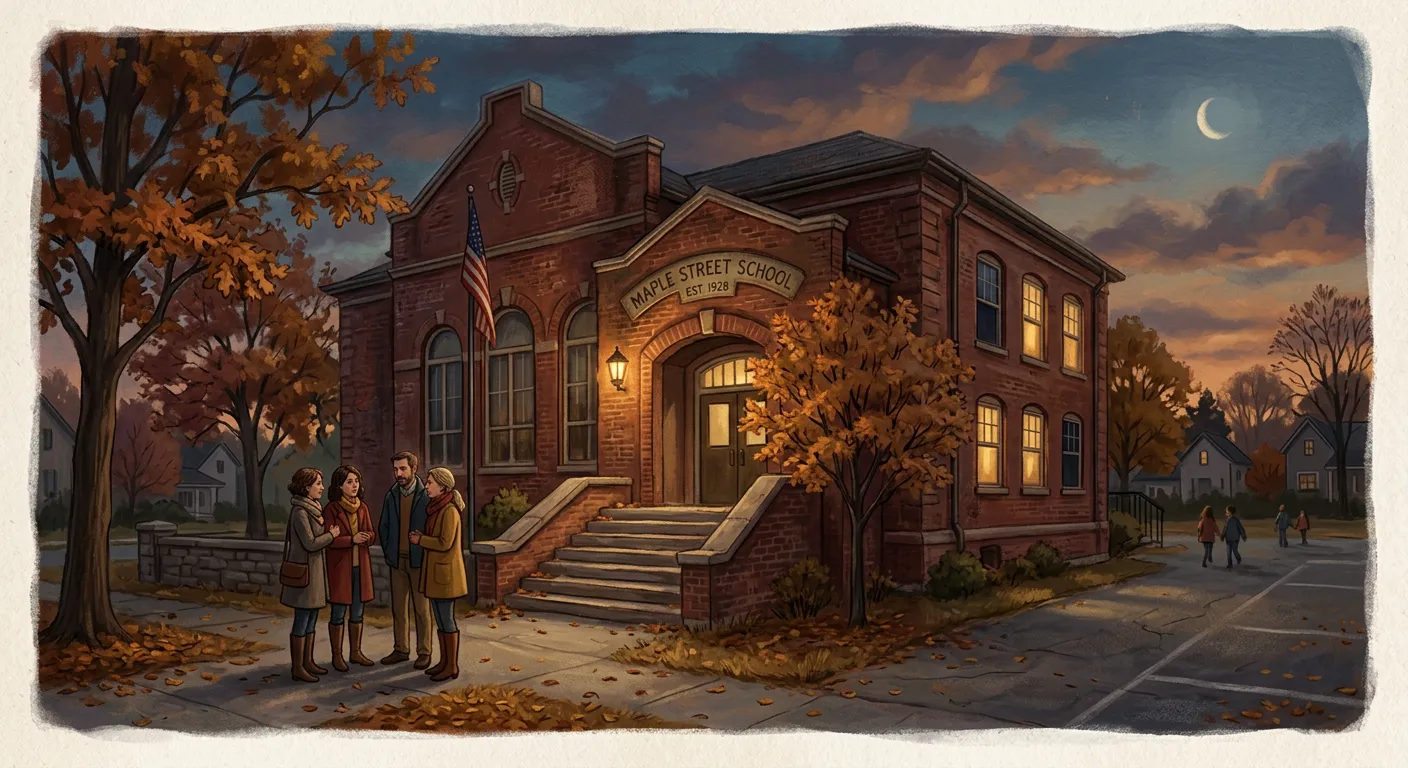 Old brick school at dusk, uncertainty over its future